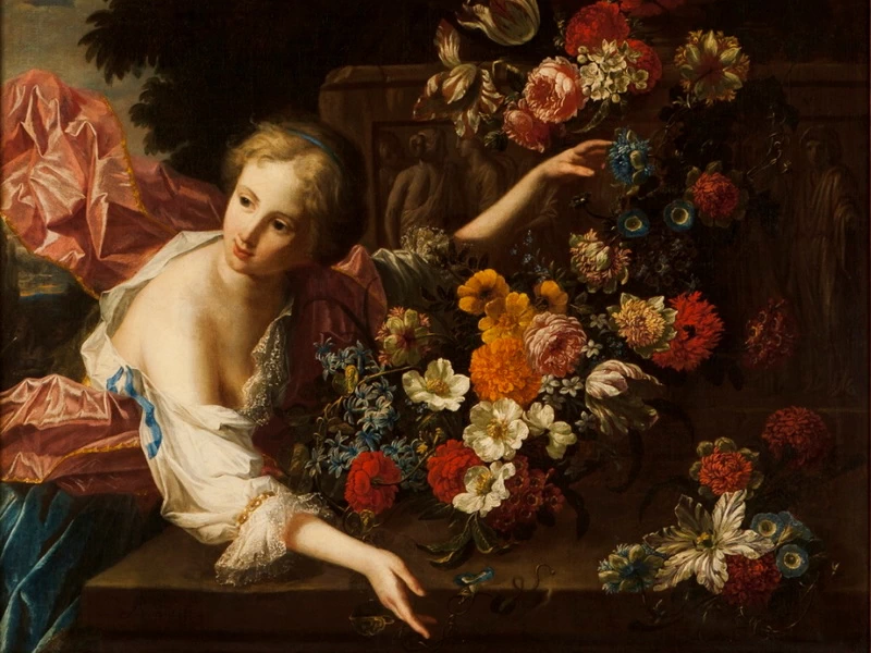 1667-Jan Baptist Bosschaert - Giovane donna davanti a un rilievo classico circondata da fiori